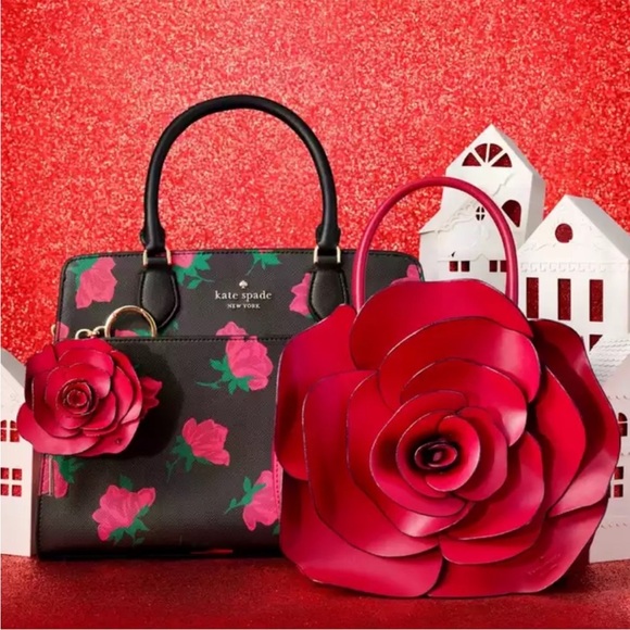 ♠️kate spade Madison Rose Toss Printed Medium Satchel, Black Multi NWT - Picture 7 of 8